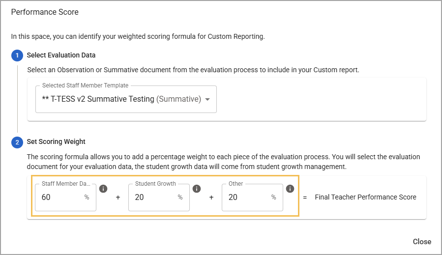 Performance score formula showing evaluation data and scoring weight percentages for teachers.